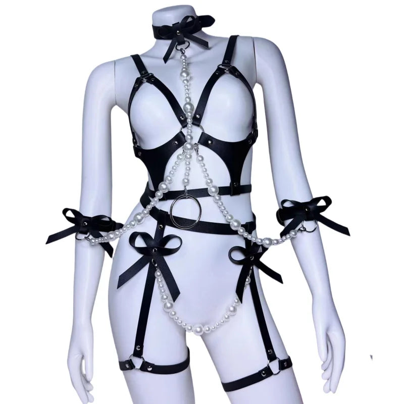 Leather Body Harness Sets Pearl Bowknot Hollow Out Binding Belt Erotic Lingerie Fetish  Adult  Accessories Set