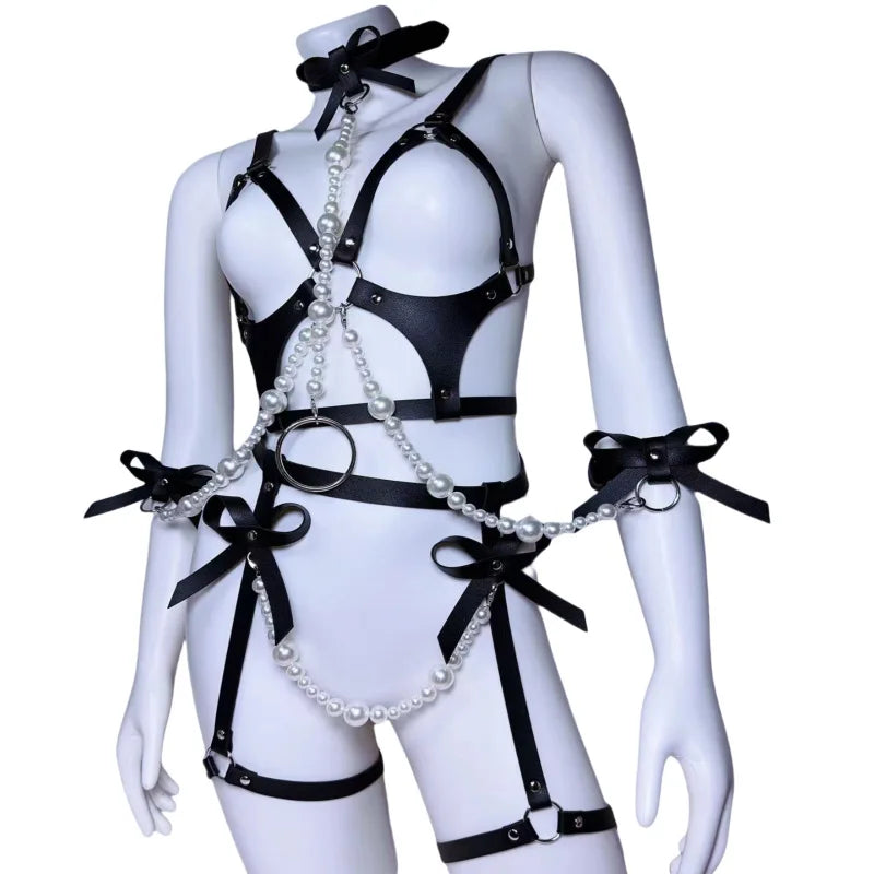 Leather Body Harness Sets Pearl Bowknot Hollow Out Binding Belt Erotic Lingerie Fetish  Adult  Accessories Set