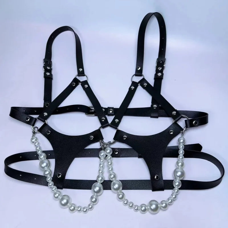 Leather Body Harness Sets Pearl Bowknot Hollow Out Binding Belt Erotic Lingerie Fetish  Adult  Accessories Set