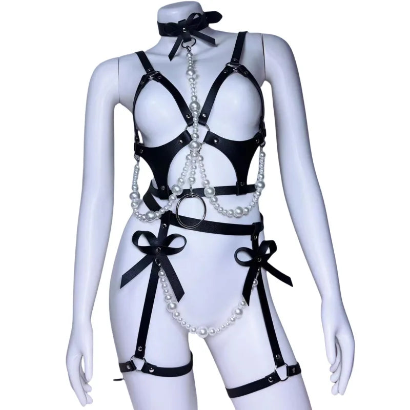 Leather Body Harness Sets Pearl Bowknot Hollow Out Binding Belt Erotic Lingerie Fetish  Adult  Accessories Set