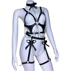 Leather Body Harness Sets Pearl Bowknot Hollow Out Binding Belt Erotic Lingerie Fetish  Adult  Accessories Set