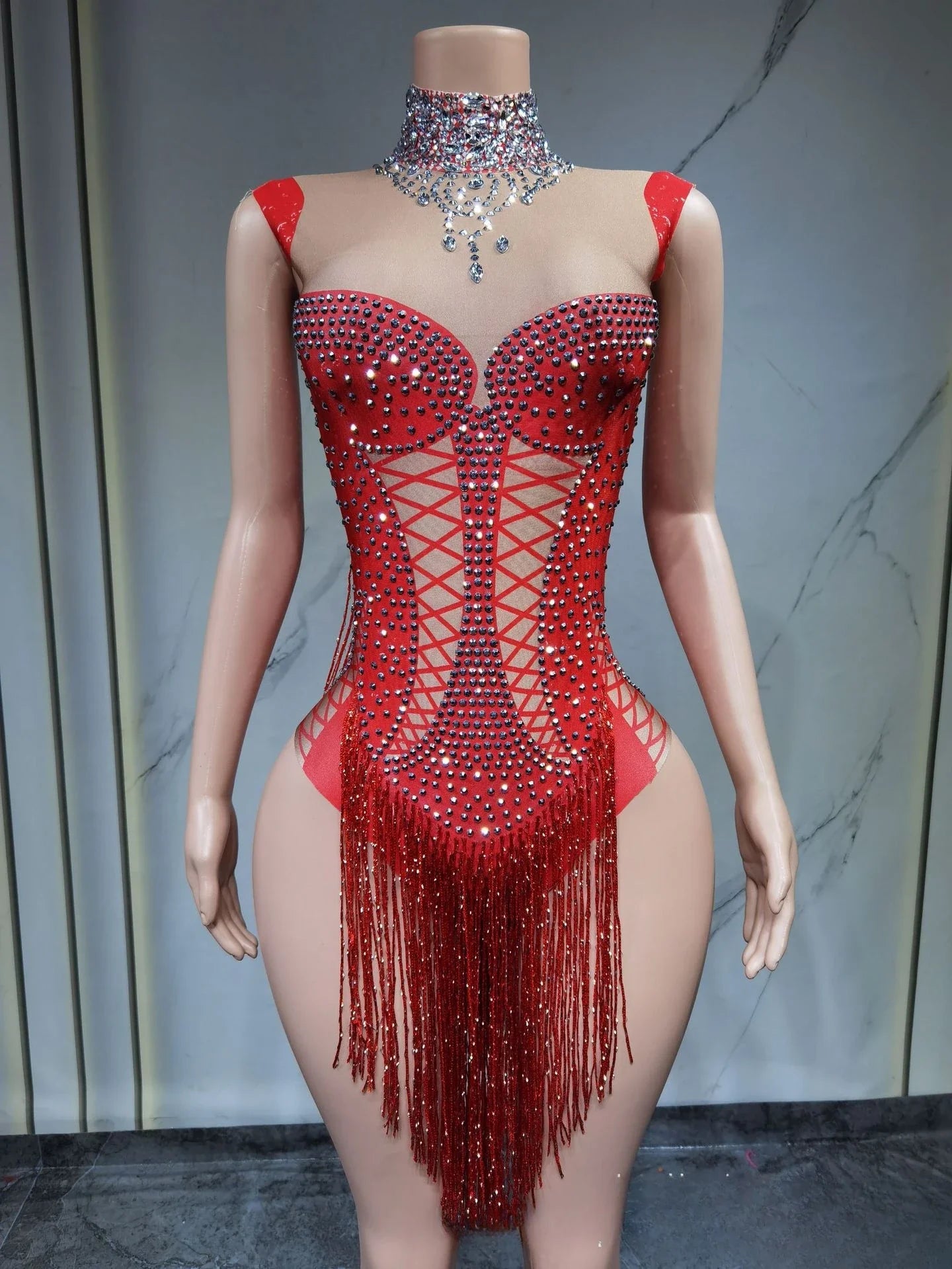 Style Elegant Socialite Rhinestone Tassel Cutout Waist Slim Bodycon Jumpsuit