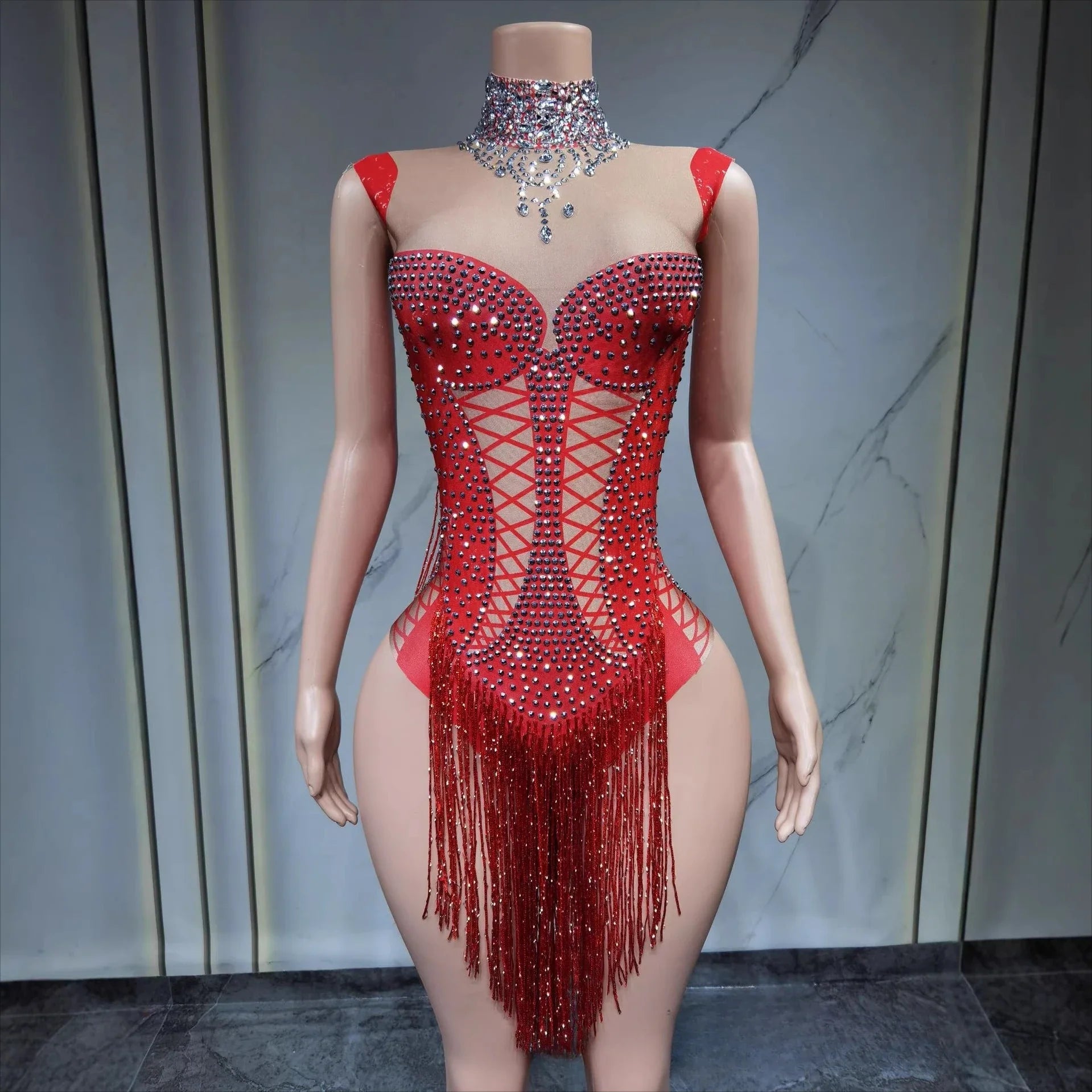 Style Elegant Socialite Rhinestone Tassel Cutout Waist Slim Bodycon Jumpsuit