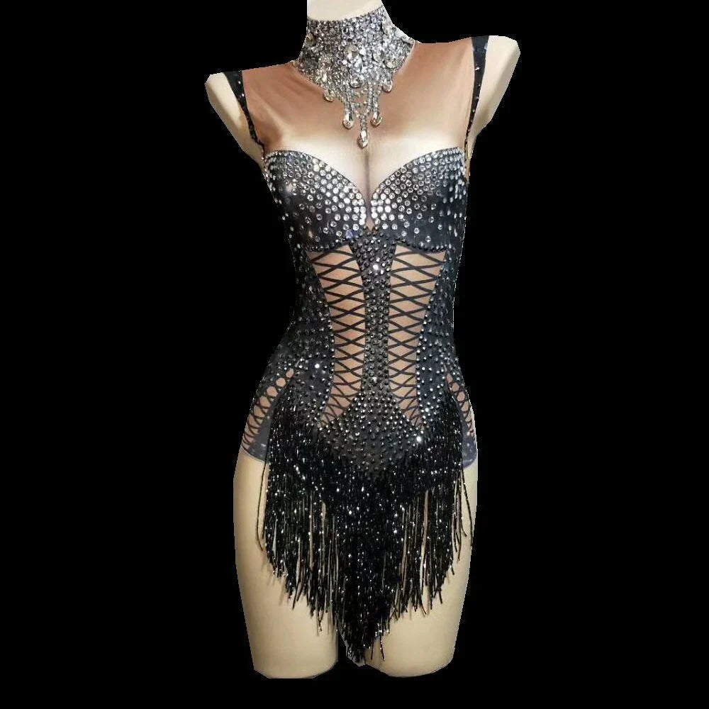 Style Elegant Socialite Rhinestone Tassel Cutout Waist Slim Bodycon Jumpsuit