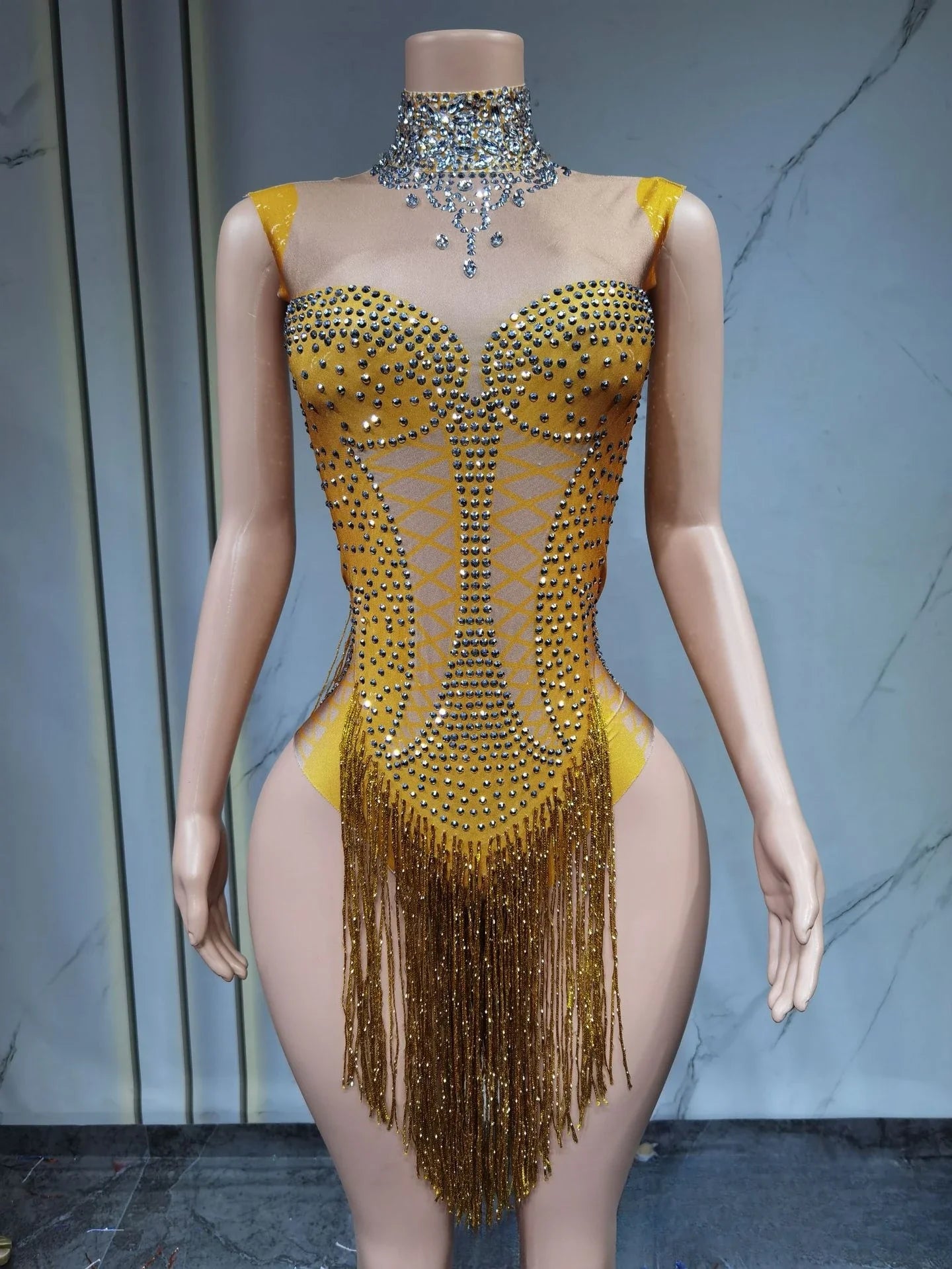 Style Elegant Socialite Rhinestone Tassel Cutout Waist Slim Bodycon Jumpsuit