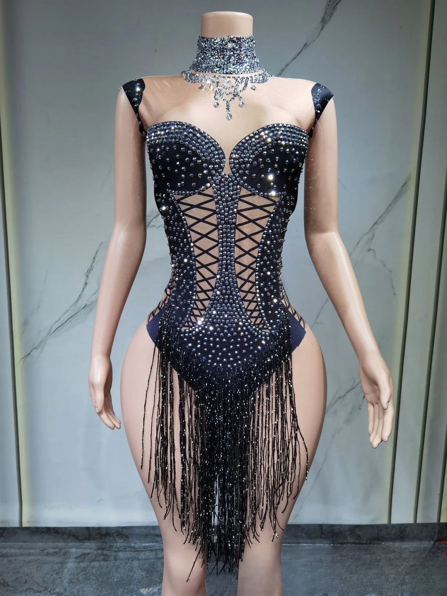 Style Elegant Socialite Rhinestone Tassel Cutout Waist Slim Bodycon Jumpsuit