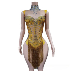 Style Elegant Socialite Rhinestone Tassel Cutout Waist Slim Bodycon Jumpsuit
