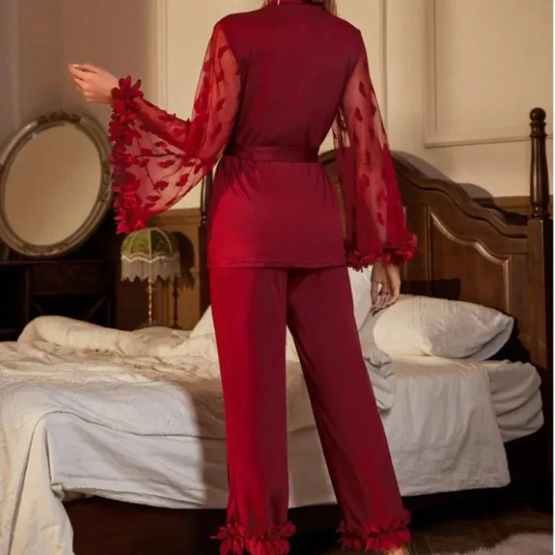 Style Net Mesh Flared Sleeve Petal-like Silk-Like Embroidery Homewear Set