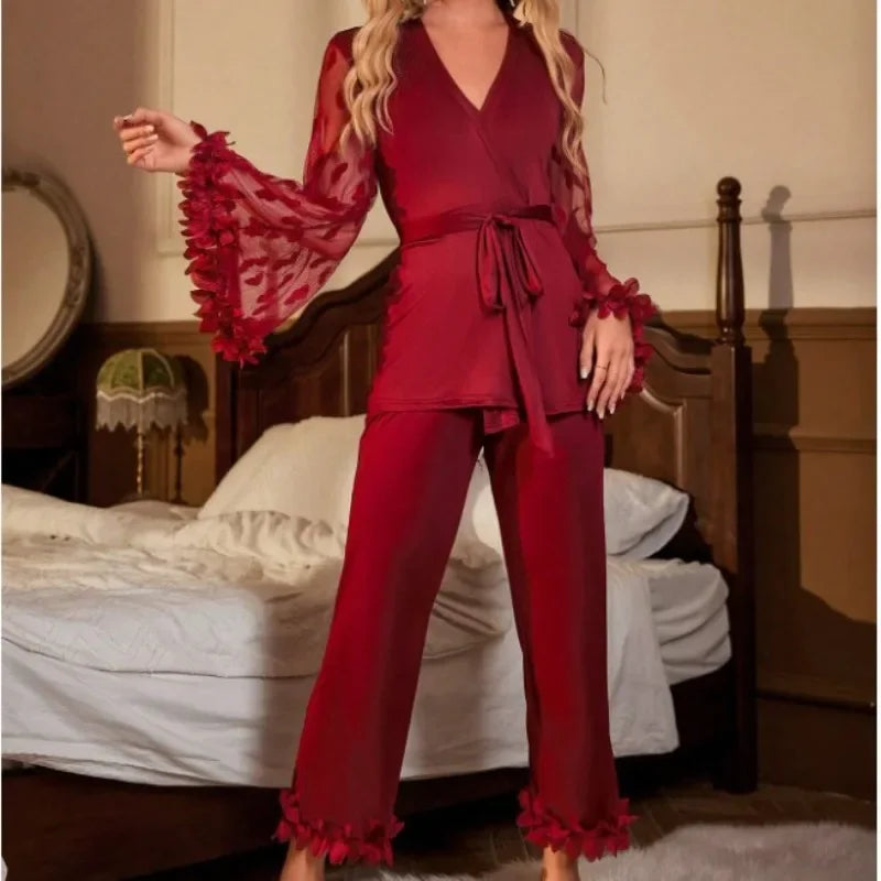 Style Net Mesh Flared Sleeve Petal-like Silk-Like Embroidery Homewear Set