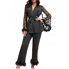 Style Net Mesh Flared Sleeve Petal-like Silk-Like Embroidery Homewear Set