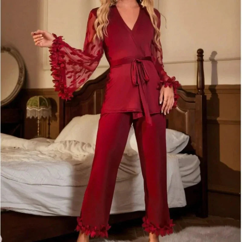 Style Net Mesh Flared Sleeve Petal-like Silk-Like Embroidery Homewear Set
