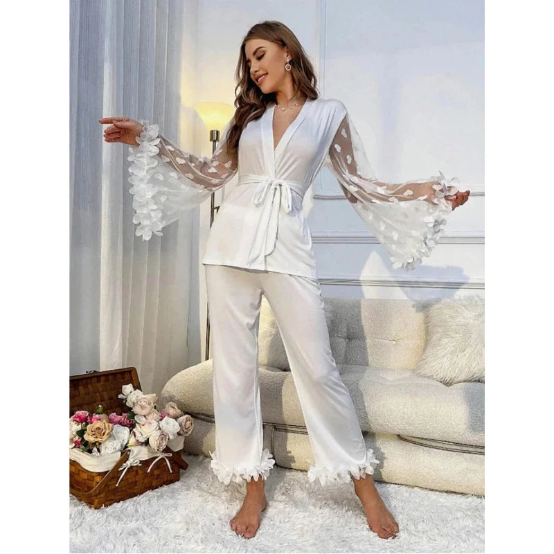 Style Net Mesh Flared Sleeve Petal-like Silk-Like Embroidery Homewear Set