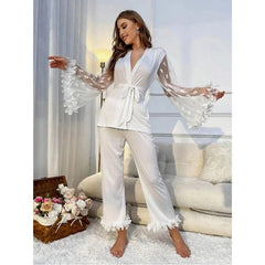 Style Net Mesh Flared Sleeve Petal-like Silk-Like Embroidery Homewear Set