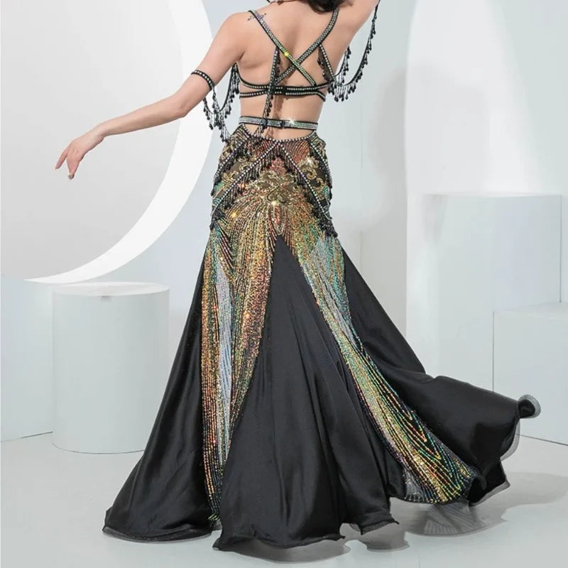 Style Belly Dance Outfit Sequins Embroidery Crystal Bead Tassel Team Stage Performance Full