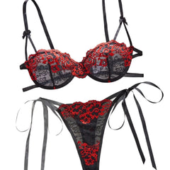Valentine Floral Embroidery Lace Up Bra Thong Erotic Seductive Underwear Clothing Lingerie Set Costume