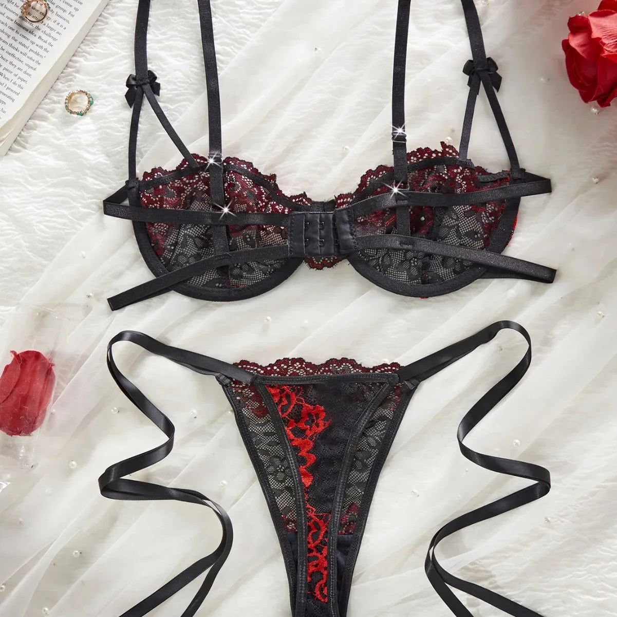 Valentine Floral Embroidery Lace Up Bra Thong Erotic Seductive Underwear Clothing Lingerie Set Costume