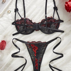 Valentine Floral Embroidery Lace Up Bra Thong Erotic Seductive Underwear Clothing Lingerie Set Costume