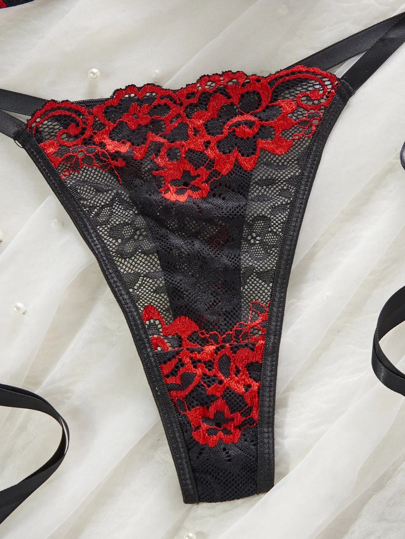 Valentine Floral Embroidery Lace Up Bra Thong Erotic Seductive Underwear Clothing Lingerie Set Costume