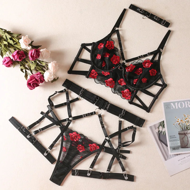 Western Floral Embroidery See Through Hollow Out Bra