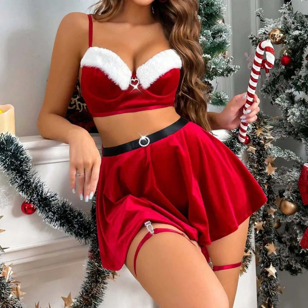 Western Red Underwear Cosplay Festival Holiday Outfit Bra Briefs Christmas Uniform Lingerie Set