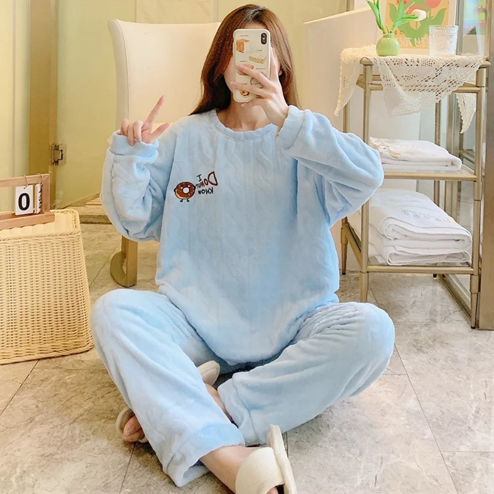 Winter Sweet Cartoon Printed Long Sleeve & Long Pants Plus Size Soft Warm Loungewear Pajama Suit