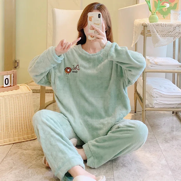Winter Sweet Cartoon Printed Long Sleeve & Long Pants Plus Size Soft Warm Loungewear Pajama Suit