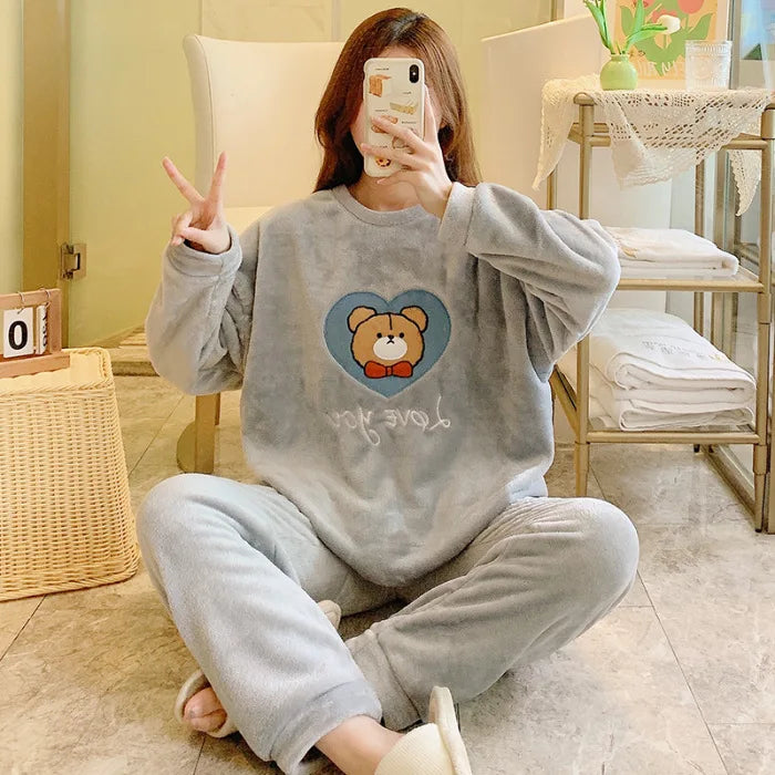 Winter Sweet Cartoon Printed Long Sleeve & Long Pants Plus Size Soft Warm Loungewear Pajama Suit