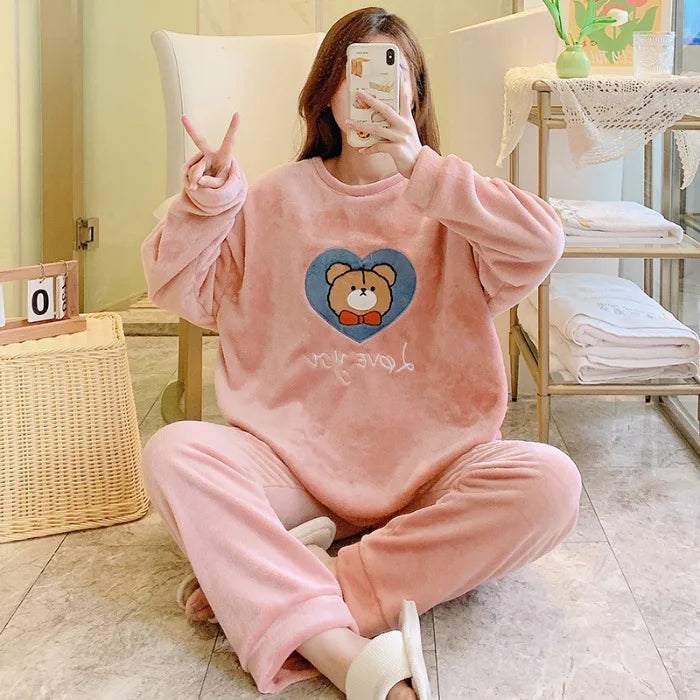 Winter Sweet Cartoon Printed Long Sleeve & Long Pants Plus Size Soft Warm Loungewear Pajama Suit