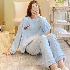 Winter Sweet Cartoon Printed Long Sleeve & Long Pants Plus Size Soft Warm Loungewear Pajama Suit