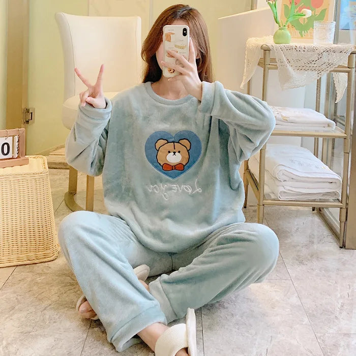 Winter Sweet Cartoon Printed Long Sleeve & Long Pants Plus Size Soft Warm Loungewear Pajama Suit
