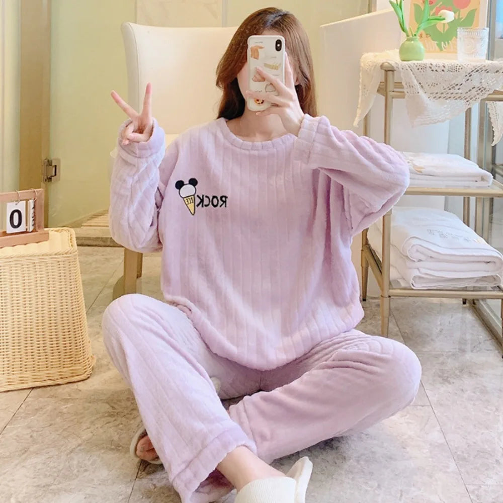Winter Sweet Cartoon Printed Long Sleeve & Long Pants Plus Size Soft Warm Loungewear Pajama Suit