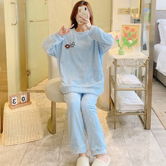 Winter Sweet Cartoon Printed Long Sleeve & Long Pants Plus Size Soft Warm Loungewear Pajama Suit