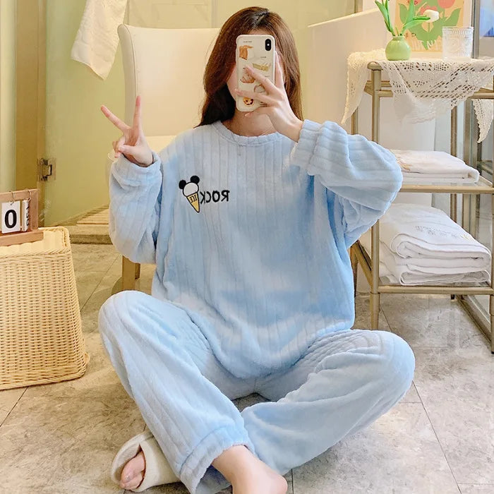 Winter Sweet Cartoon Printed Long Sleeve & Long Pants Plus Size Soft Warm Loungewear Pajama Suit