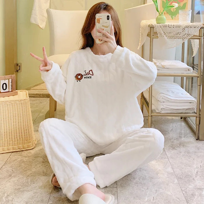 Winter Sweet Cartoon Printed Long Sleeve & Long Pants Plus Size Soft Warm Loungewear Pajama Suit