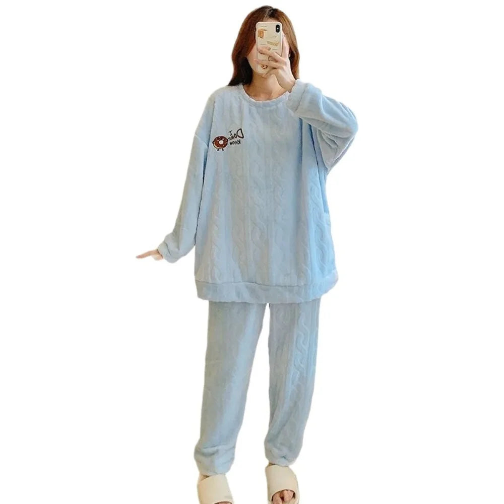 Winter Sweet Cartoon Printed Long Sleeve & Long Pants Plus Size Soft Warm Loungewear Pajama Suit