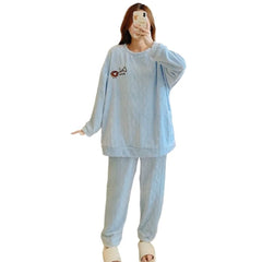 Winter Sweet Cartoon Printed Long Sleeve & Long Pants Plus Size Soft Warm Loungewear Pajama Suit