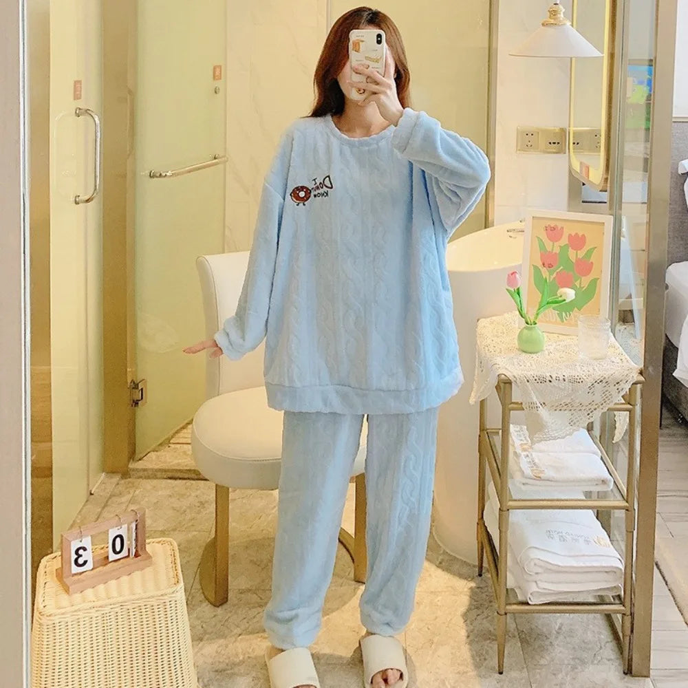 Winter Sweet Cartoon Printed Long Sleeve & Long Pants Plus Size Soft Warm Loungewear Pajama Suit