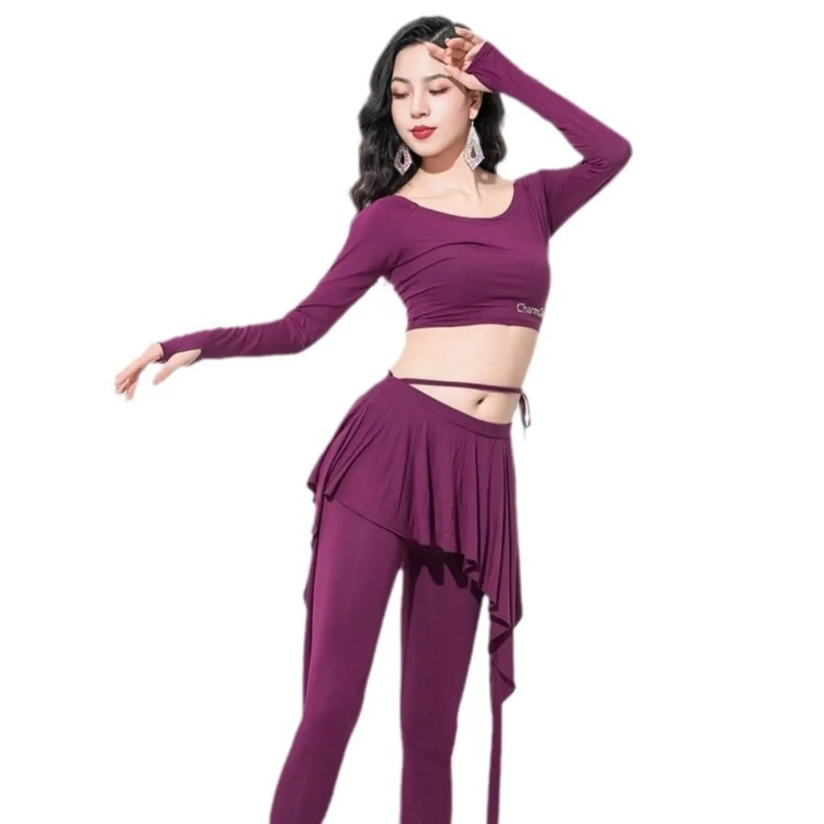 Belly Dance Practice Set Long Sleeve Footed Pants Soft Breathable Outfit