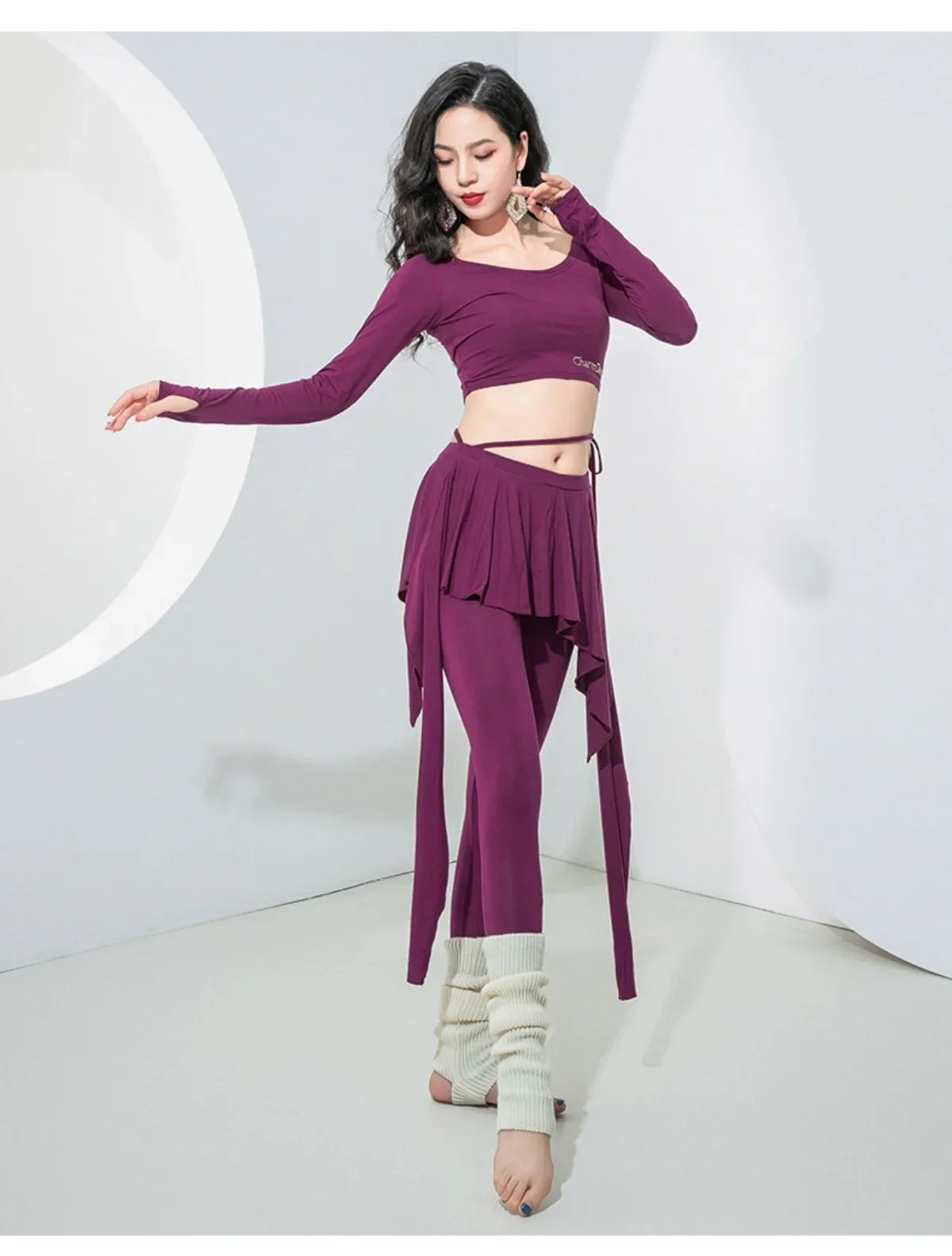 Belly Dance Practice Set Long Sleeve Footed Pants Soft Breathable Outfit