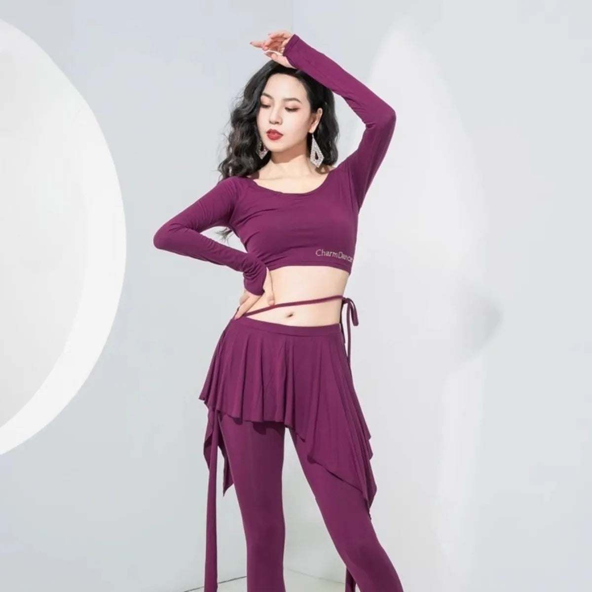 Belly Dance Practice Set Long Sleeve Footed Pants Soft Breathable Outfit