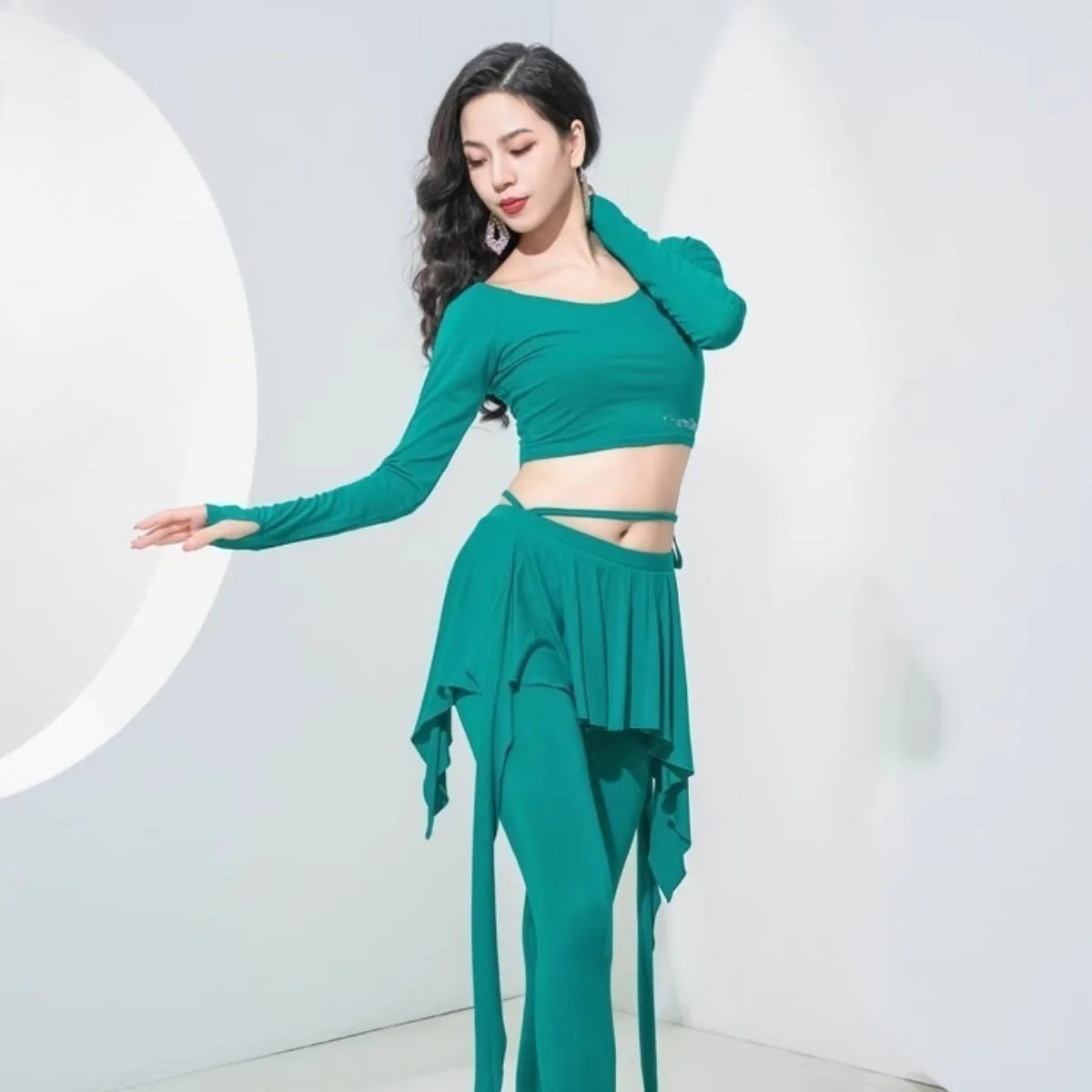 Belly Dance Practice Set Long Sleeve Footed Pants Soft Breathable Outfit