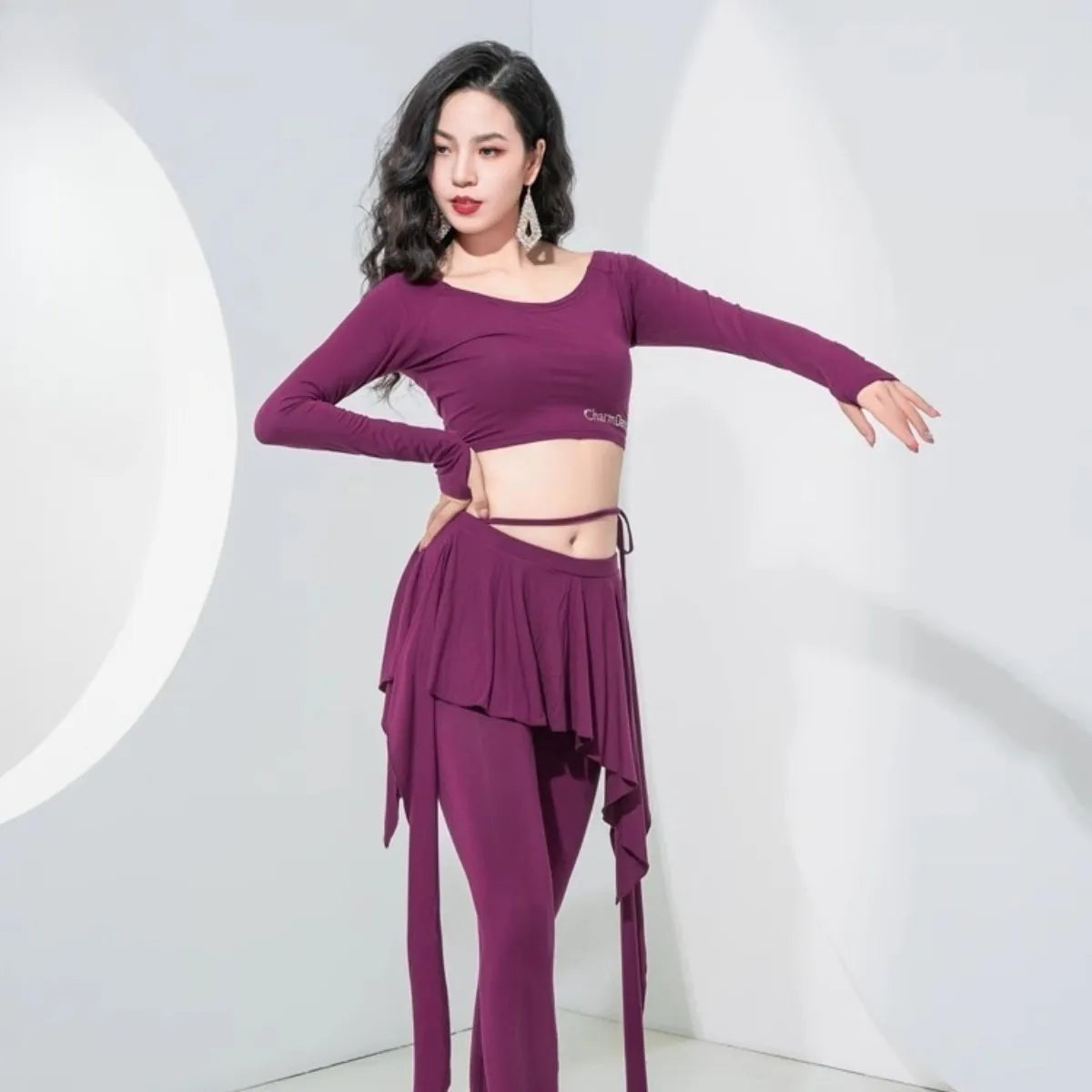 Belly Dance Practice Set Long Sleeve Footed Pants Soft Breathable Outfit