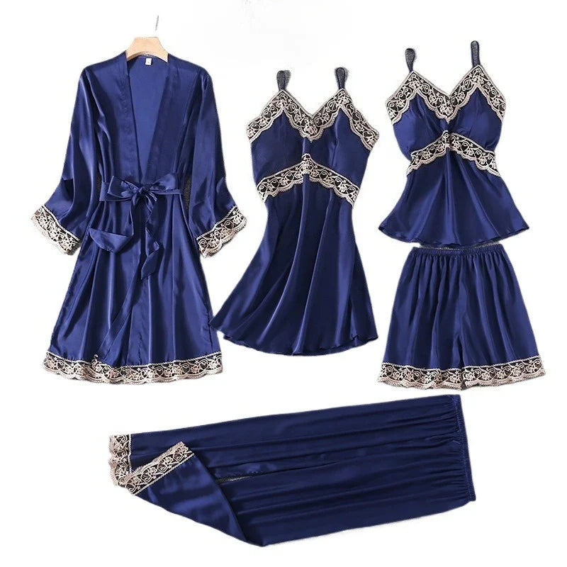 Five-Piece Pajama Set European American Style Spring Autumn Loungewear Plus Size Soft Comfortable Home Wear Sleepwear
