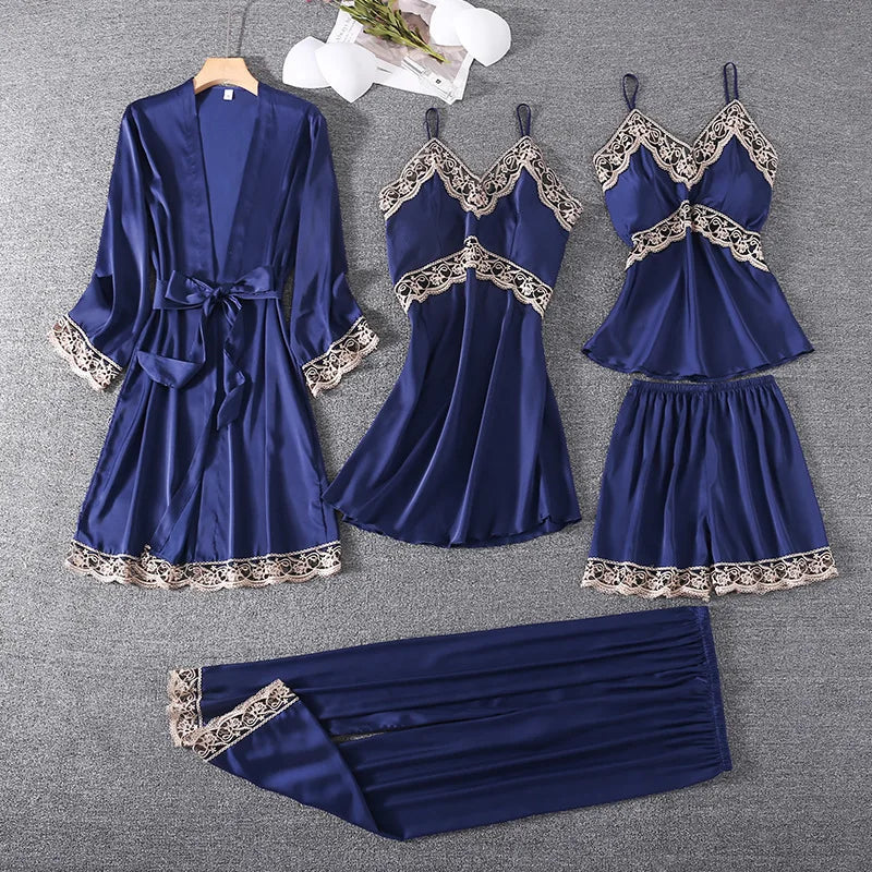 Five-Piece Pajama Set European American Style Spring Autumn Loungewear Plus Size Soft Comfortable Home Wear Sleepwear