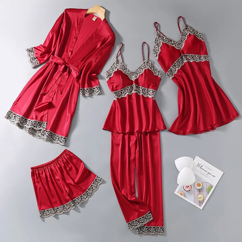 Five-Piece Pajama Set European American Style Spring Autumn Loungewear Plus Size Soft Comfortable Home Wear Sleepwear