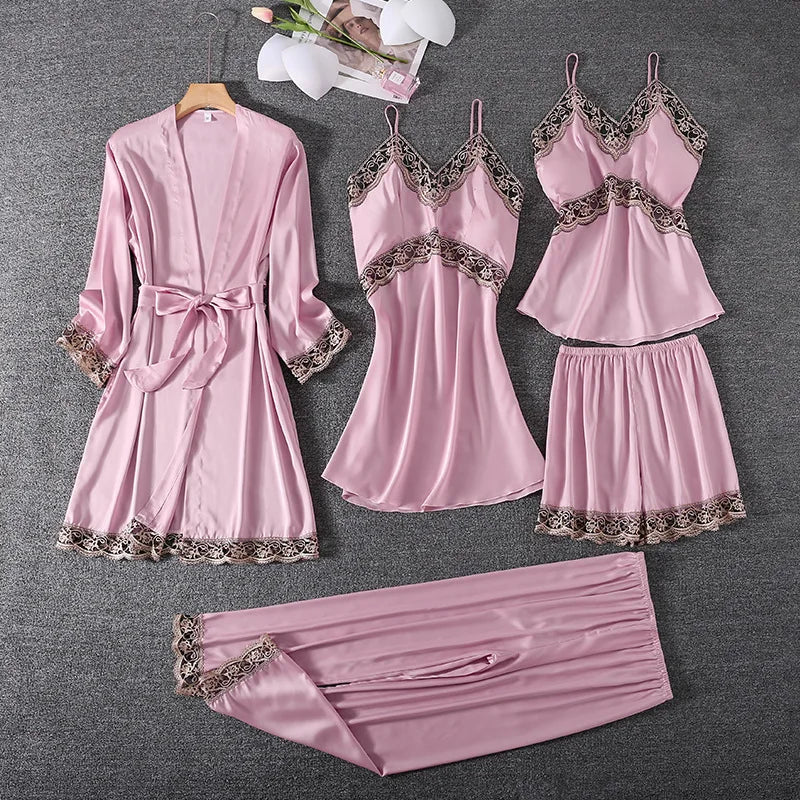 Five-Piece Pajama Set European American Style Spring Autumn Loungewear Plus Size Soft Comfortable Home Wear Sleepwear