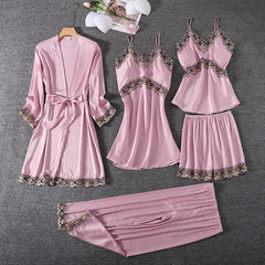 Five-Piece Pajama Set European American Style Spring Autumn Loungewear Plus Size Soft Comfortable Home Wear Sleepwear