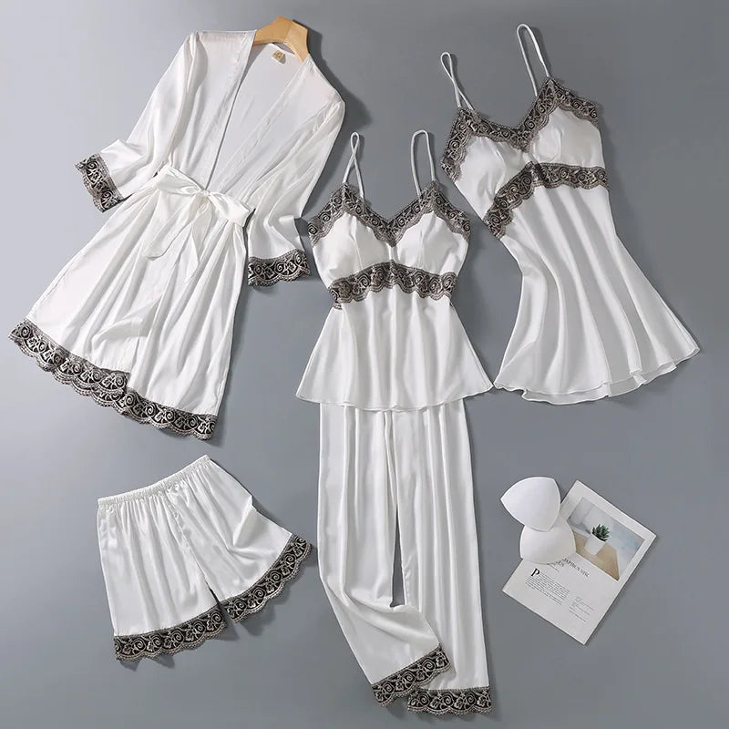 Five-Piece Pajama Set European American Style Spring Autumn Loungewear Plus Size Soft Comfortable Home Wear Sleepwear