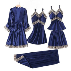 Five-Piece Pajama Set European American Style Spring Autumn Loungewear Plus Size Soft Comfortable Home Wear Sleepwear
