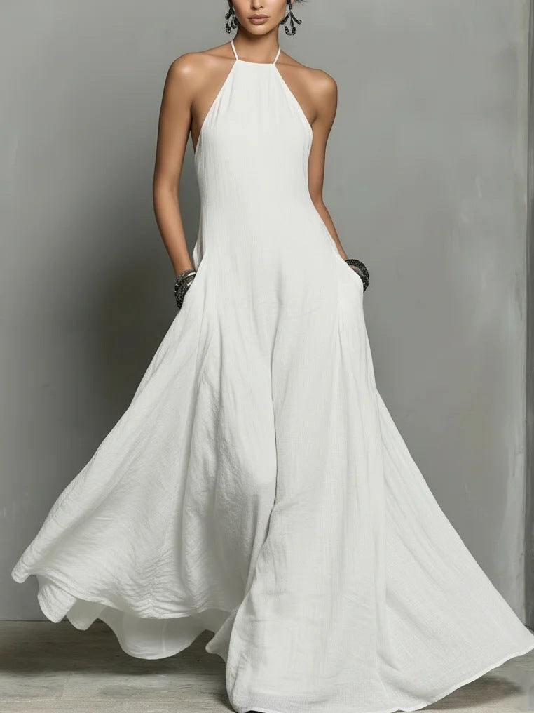 Sleeveless Solid Color Split-Side Round-Neck Maxi Dresses